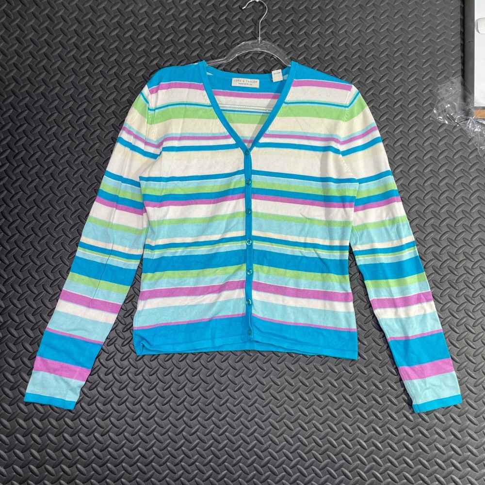 Lord & Taylor Exclusive Striped Blue White Button Up V Neck Sweater Women's Sz M